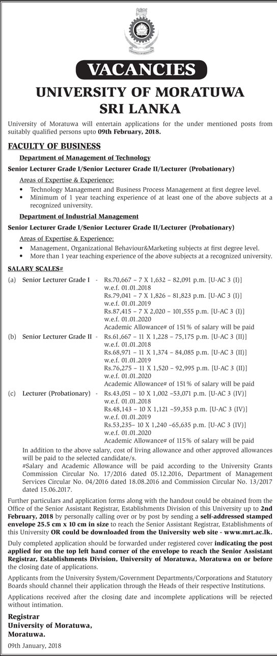 Senior Lecturer, Lecturer - University of Moratuwa